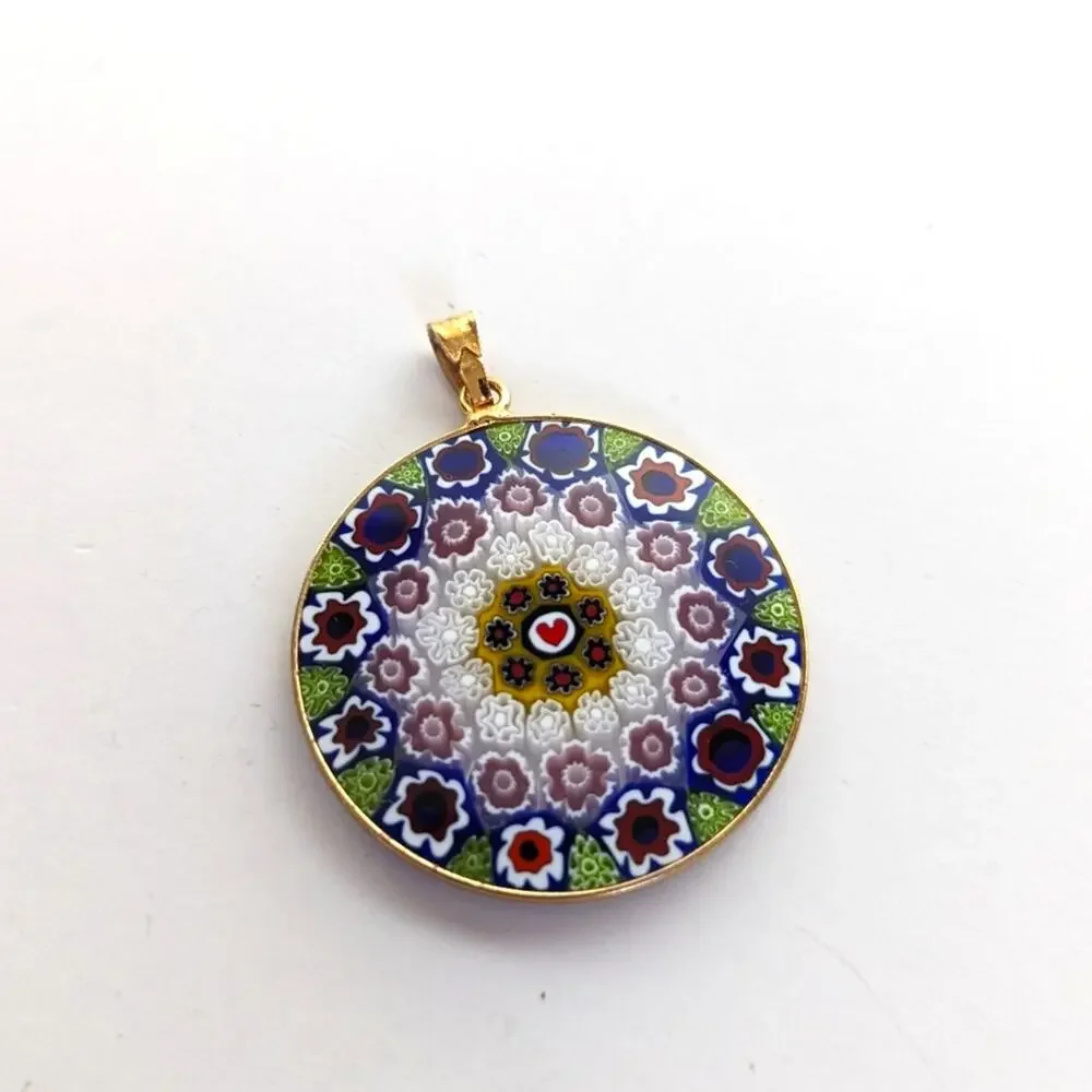 Vintage Signed AMV Murano Millefiori Art Glass 925 Sterling Vermeil Pendant